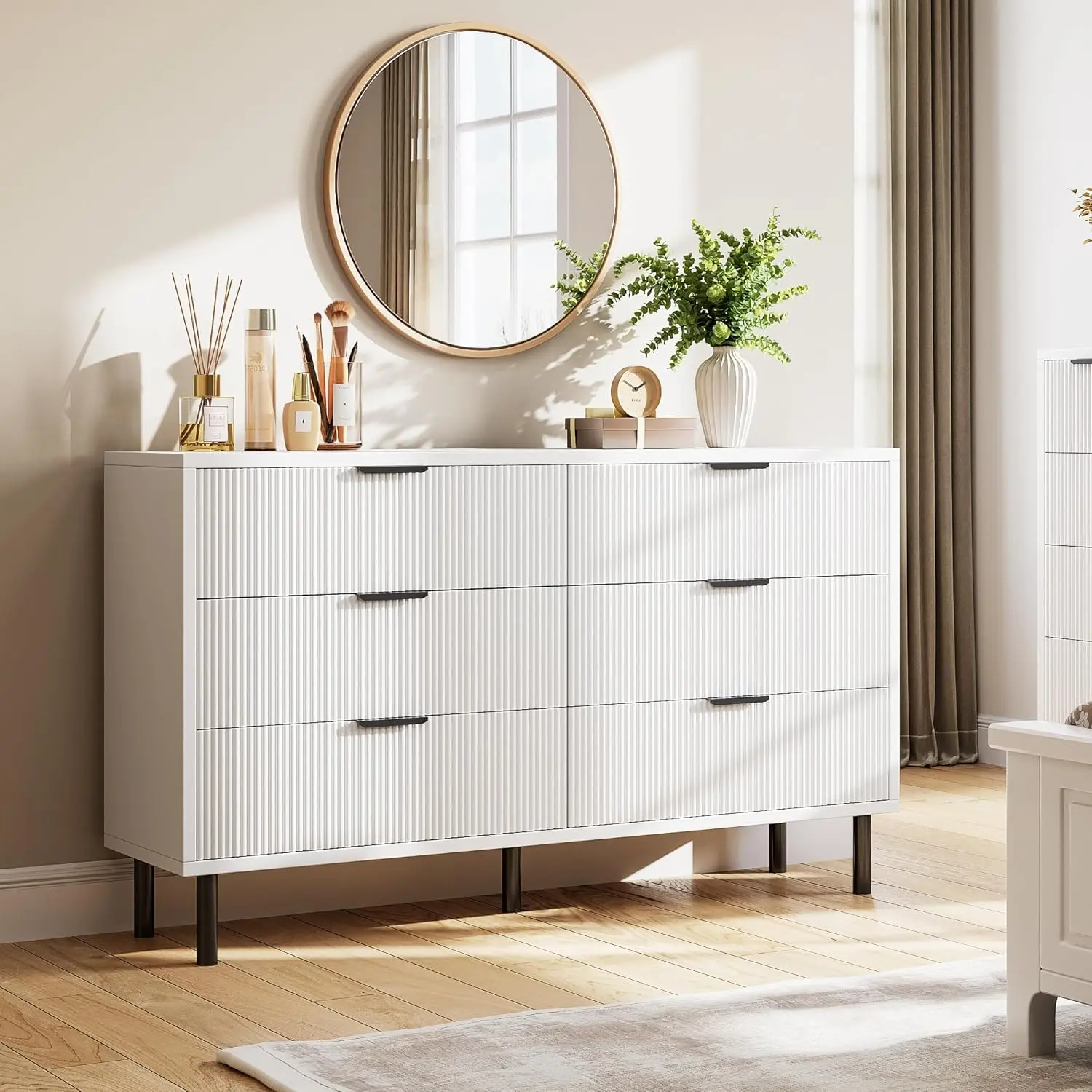 Fluted 6 Drawer Dresser, Wide Wood Double Dresser with Metal Legs and Handles, Modern Chest of Drawers with Anti-Tipping Design for Bedroom Living Room, Hallway