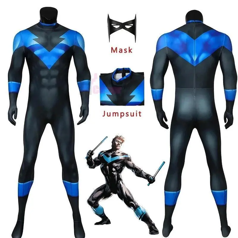 Superhero Nightwing Cosplay Zentai Bodysuit Robin Dick Grayson Jumpsuit Mask Costume Set Halloween Party Cosplay Catsuit Spandex