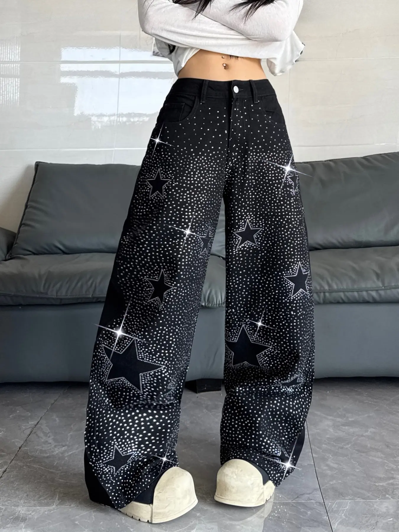 American Star Rhinestone Women's High Waist Straight Leg Jeans, Fashion Jean Bottoms, Fashion Unique Design, Vintage Washed Denim, Casual Loose Fit Oversize Long Pants