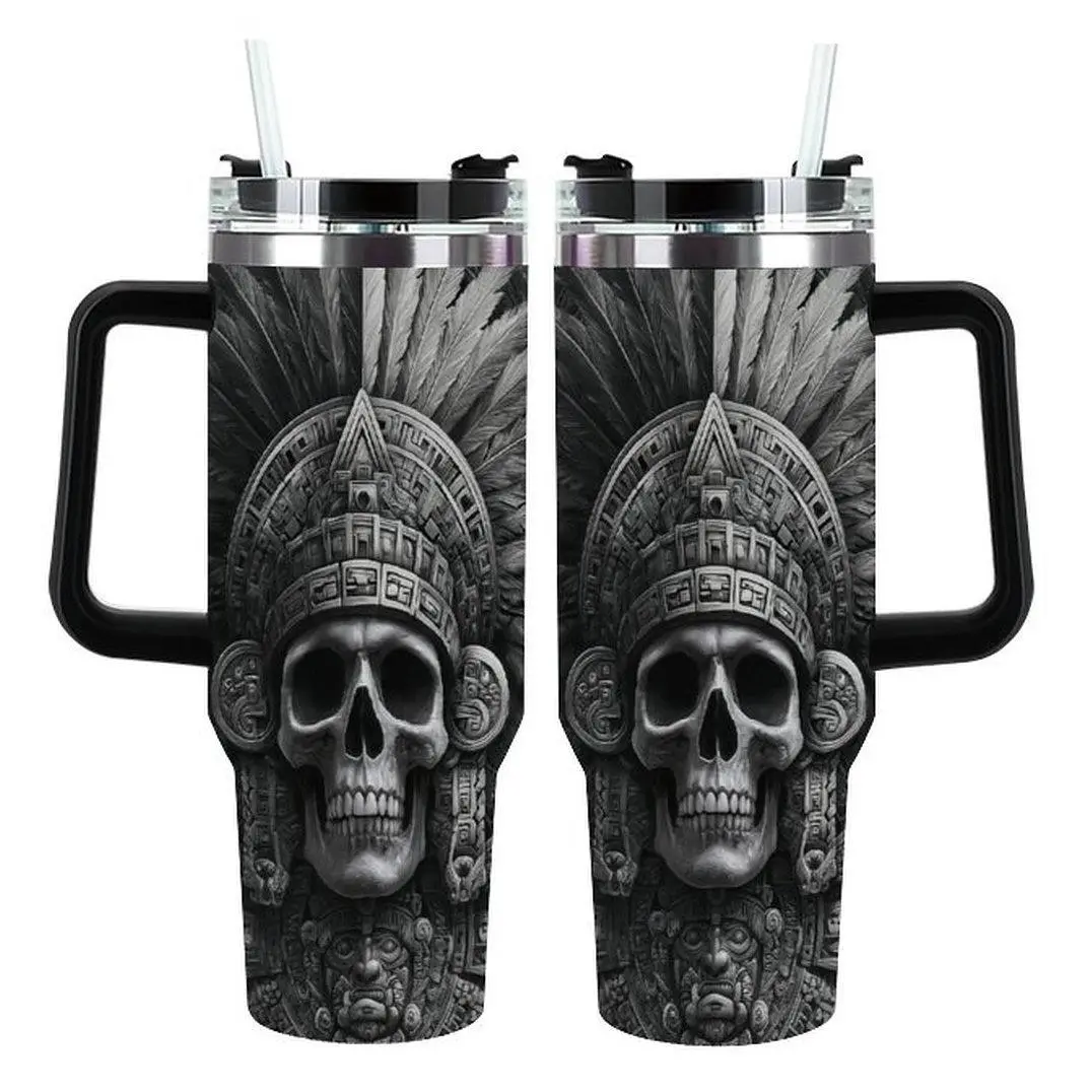 Aztec Mayan Skull Warrior Tumbler |   Stone Carving Feather Headdress Insulated Stainless Steel Travel Cup |   Cool Ancient Civilization Gothic Tumbler for Car |   Birthday Gift for Men Bikers Tattoo Lovers