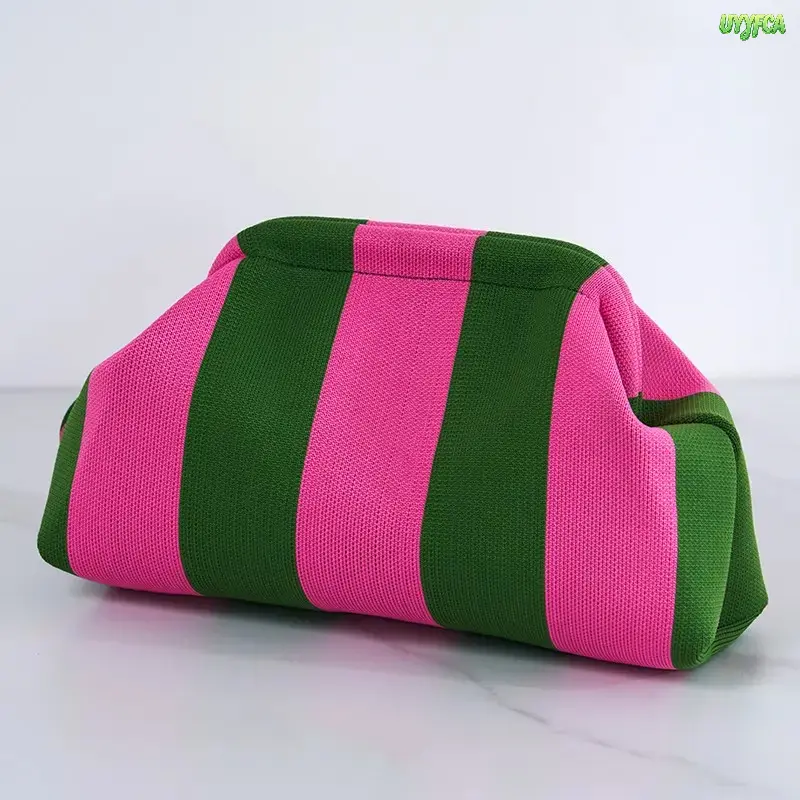 Women's Bold Stripe Soft Stretch Fabric Clutch Bag - Fashionable Versatile Purse, Ruched Cloud Handbag with Knot Handle, Casual High-Capacity 29cm Dumpling Pouch for Summer Holiday, Cloud Handbag Women's Clutches & Wristlets, Wristlet Purse, Beach Clutch