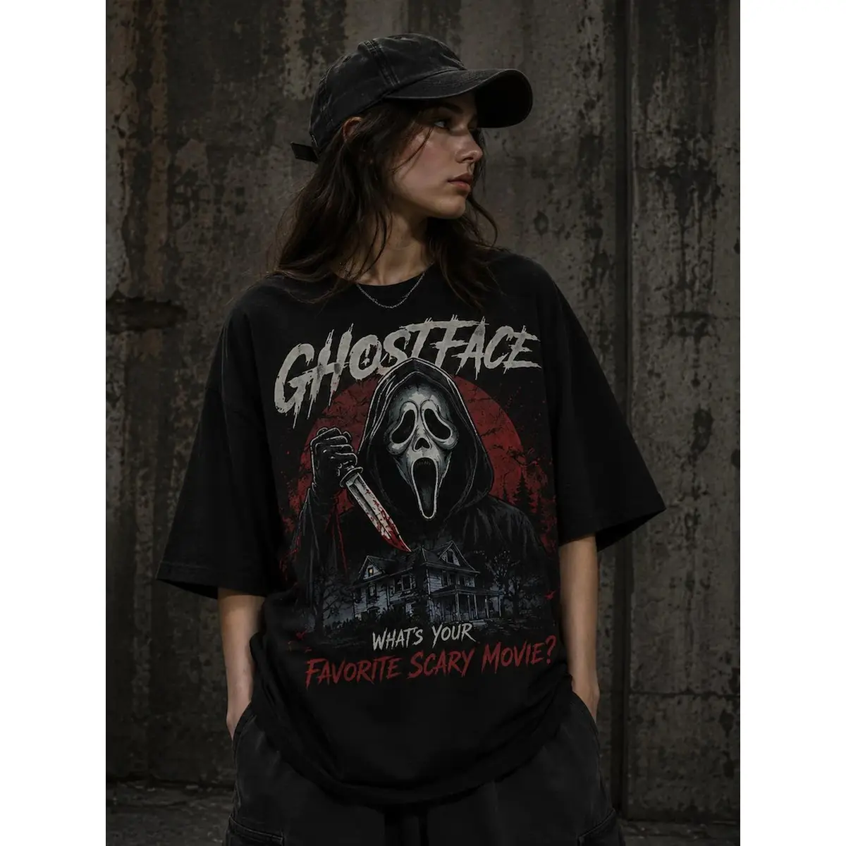 Ghostface Horror Design Washed Tee, What's Your Favorite Scary Movie Graphic T‑Shirt, Retro Scream Horror Movie Shirt, Spooky Season Halloween Top, Unisex Oversized Short‑Sleeve Apparel, Creepy Horror Fan Gift for Men & Women