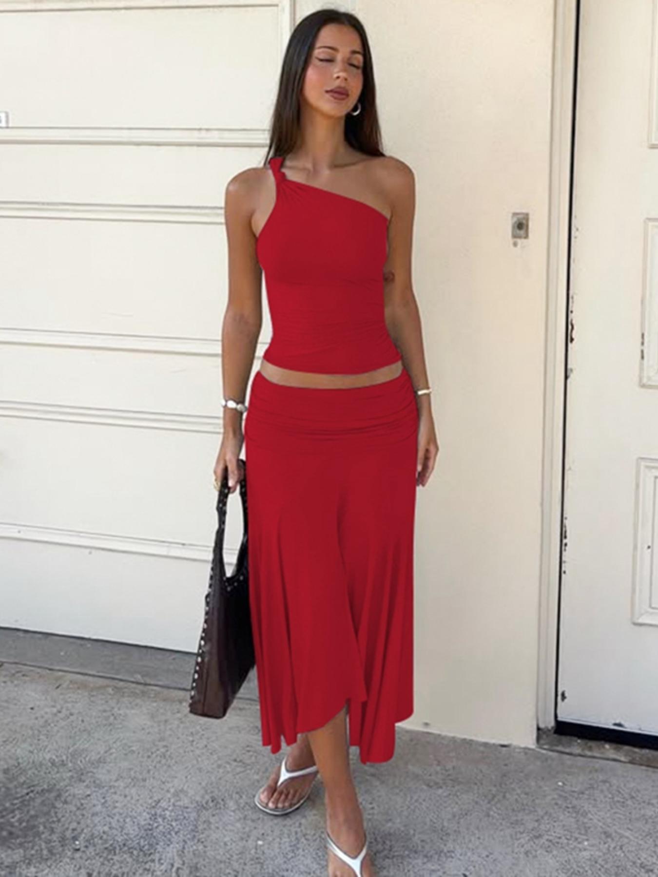 Women's Solid Color Cami Top & Skirt Two-piece Set, Sleeveless Top & Skirt, Ladies Summer Clothes for Daily Wear, Suits, Matching Skirt Set