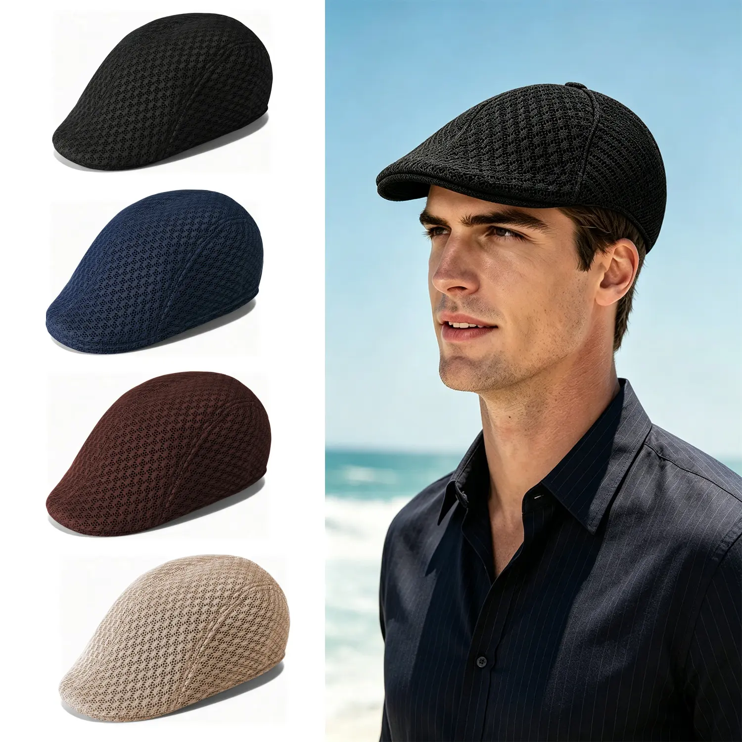 Men Breathable Mesh Flat Cap Lightweight Summer camping Newsboy Ivy Hat Elastic Band Short Brim  outdoor  Sun Protection Driving Golf Walking Cabbie Beret Hat for Men Women