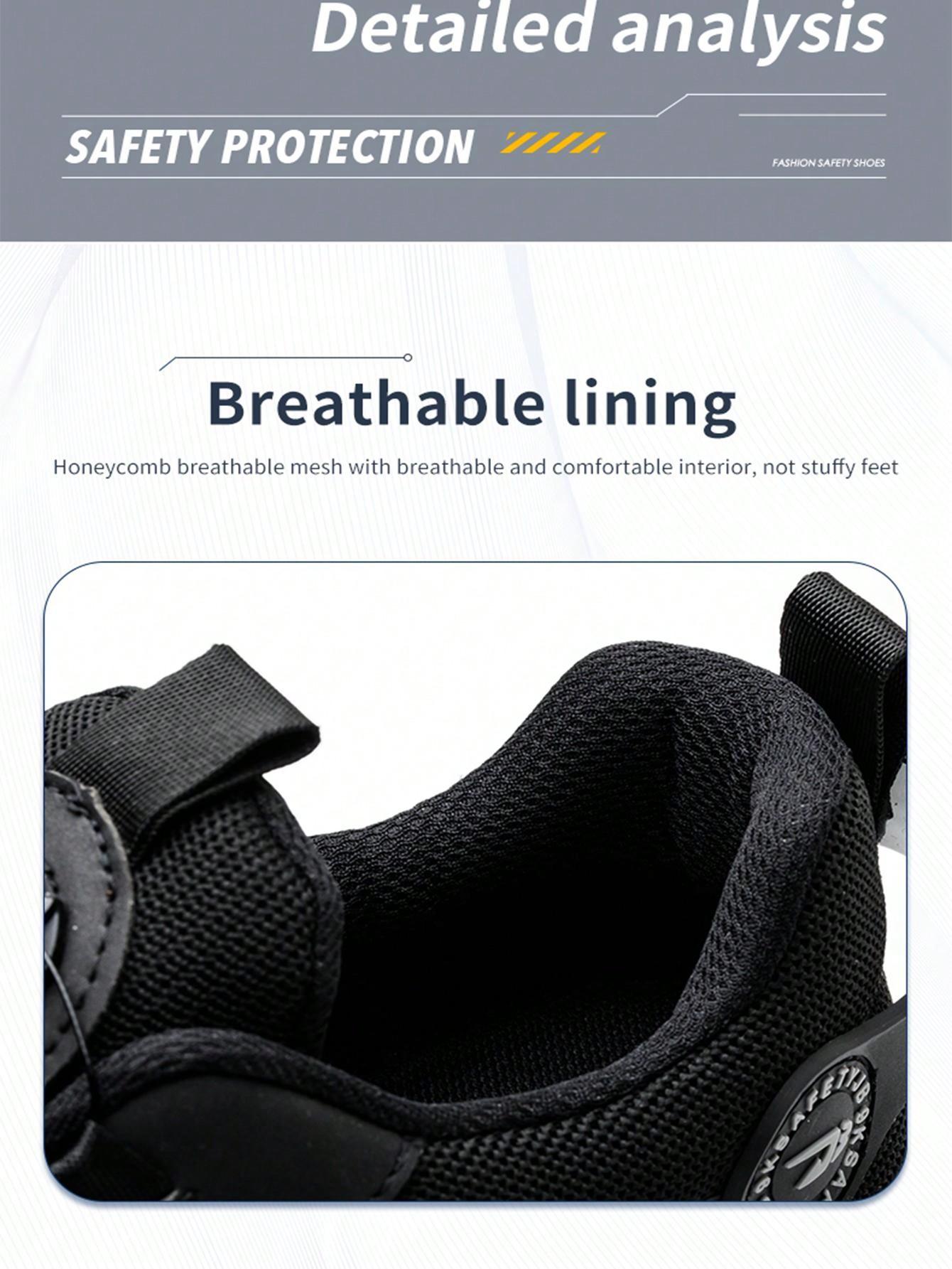 Unisex Anti-Smash Safety Shoes, Steel Toe Caps, Anti-Slip, Breathable,Industrial Construction Sports Rotatory Lace-Free Casual Hiking Shoes Black Gray