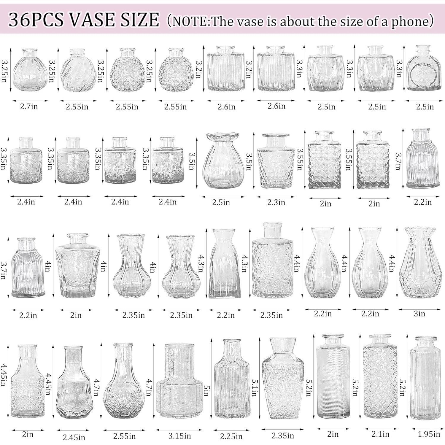 36 count Bud Vases Set SmallGlass Bottles Clear Bud Vases in Bulk Multiple Shape Cute Glass Vases for Rustic Wedding Centerpieces Table Decorations andDecor(Clear)