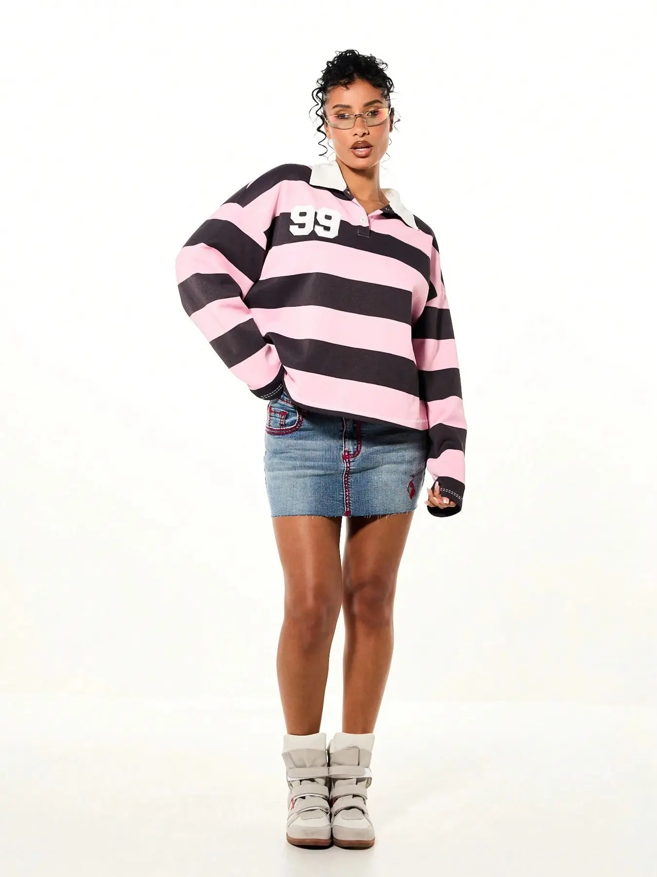 Womens Long Sleeve Polo Shirt Pink Black Wide Stripe White Contrast Collar Number Print Y2K Aesthetic Vintage Preppy Streetwear Fall Spring Daily Wear Weekend Hangout Campus Outfit Womens Tops Apparel