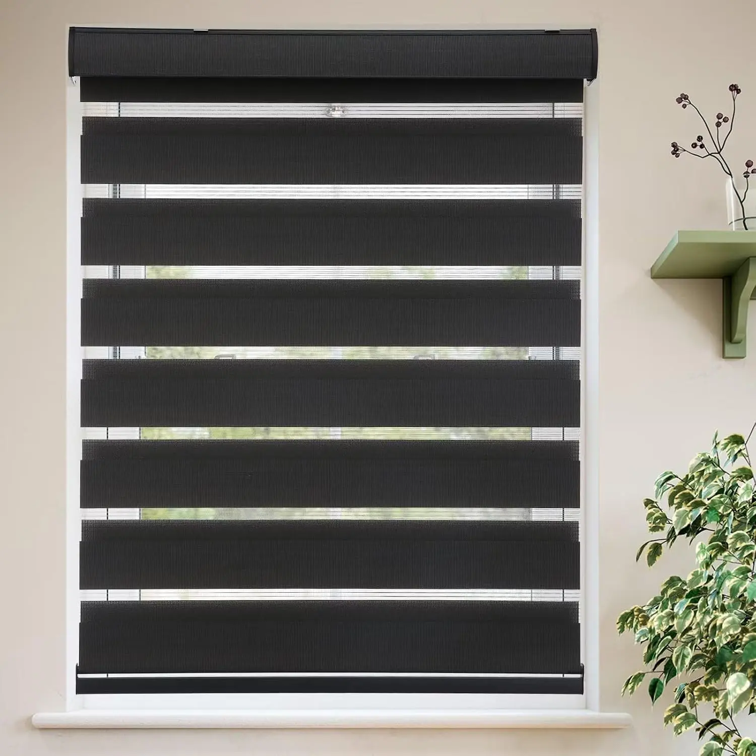 Roller Shades Zebra Blinds for Indoor Windows Cordless Day and Night Light Filtering Dual Layer Roller Window Blinds & Shades, Easy to Install, Size 34" W x 72" H, Black