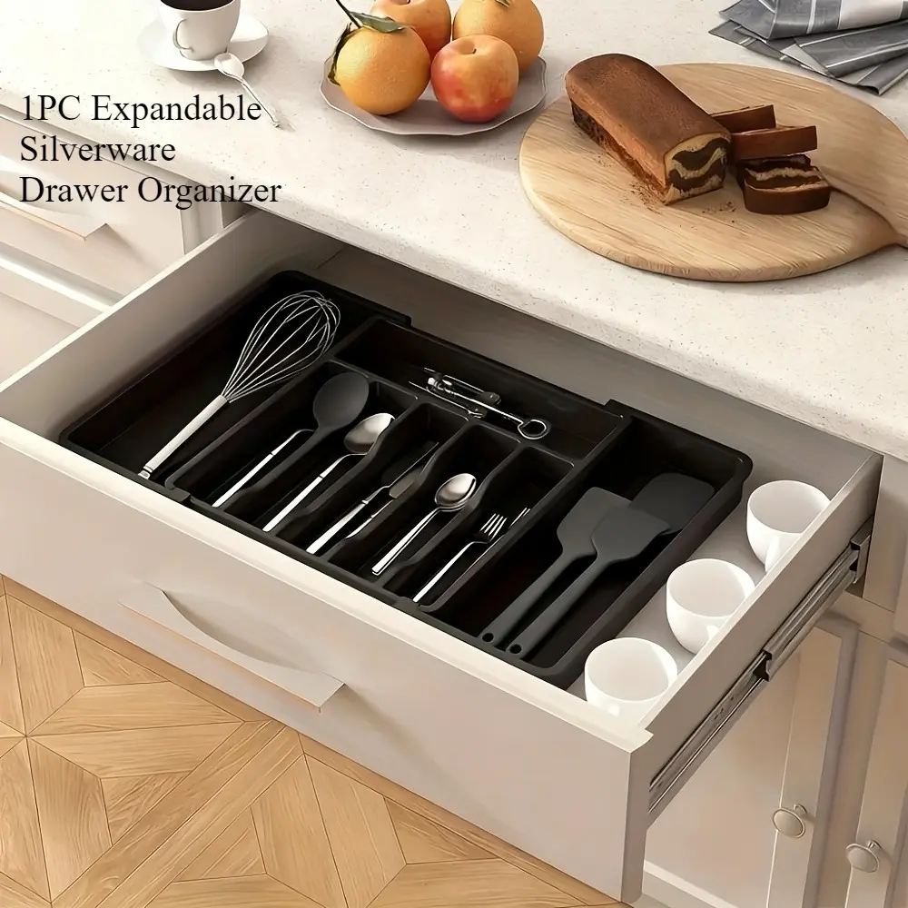 Expandable Silverware Drawer Organizer, Large Capacity 8 Compartments Kitchen Cutlery Tray, Adjustable Utensil Storage Holder for Spoons Forks Knives Cooking Gadgets