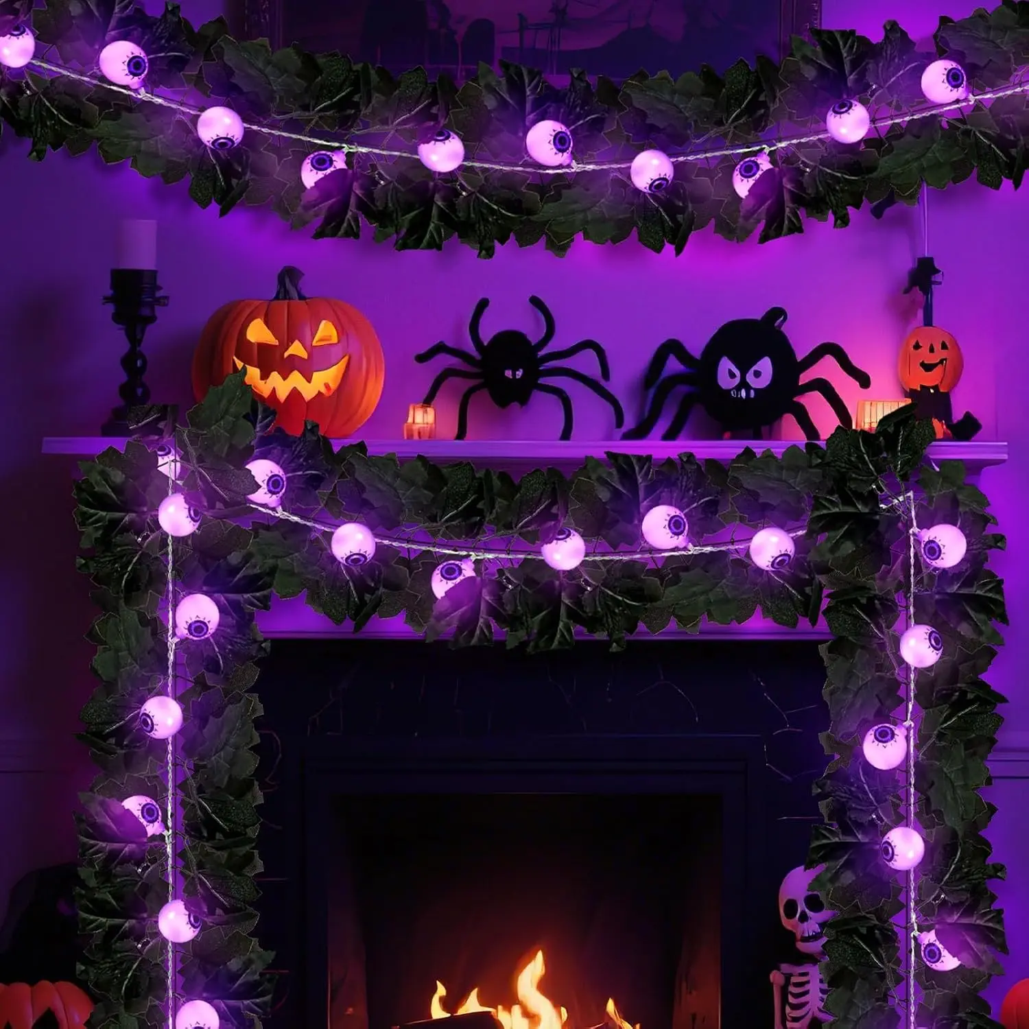 Black Maple Leaf Halloween Garland with Lights, Artificial Black Leaves Garland with Eyeballs Lights for Fireplace Mantel Decor Indoor Outdoor  Halloween Decorations