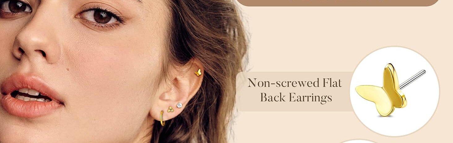 Exquisite Small Flat Back Earrings,Push in Stud Earrings for Women Men,Hypoallergenic 14K Gold Plated Surgical Stainless Steel Threadless Earring,Flatback Stud Hoop Cartilage Earring Set for Multiple Piercing