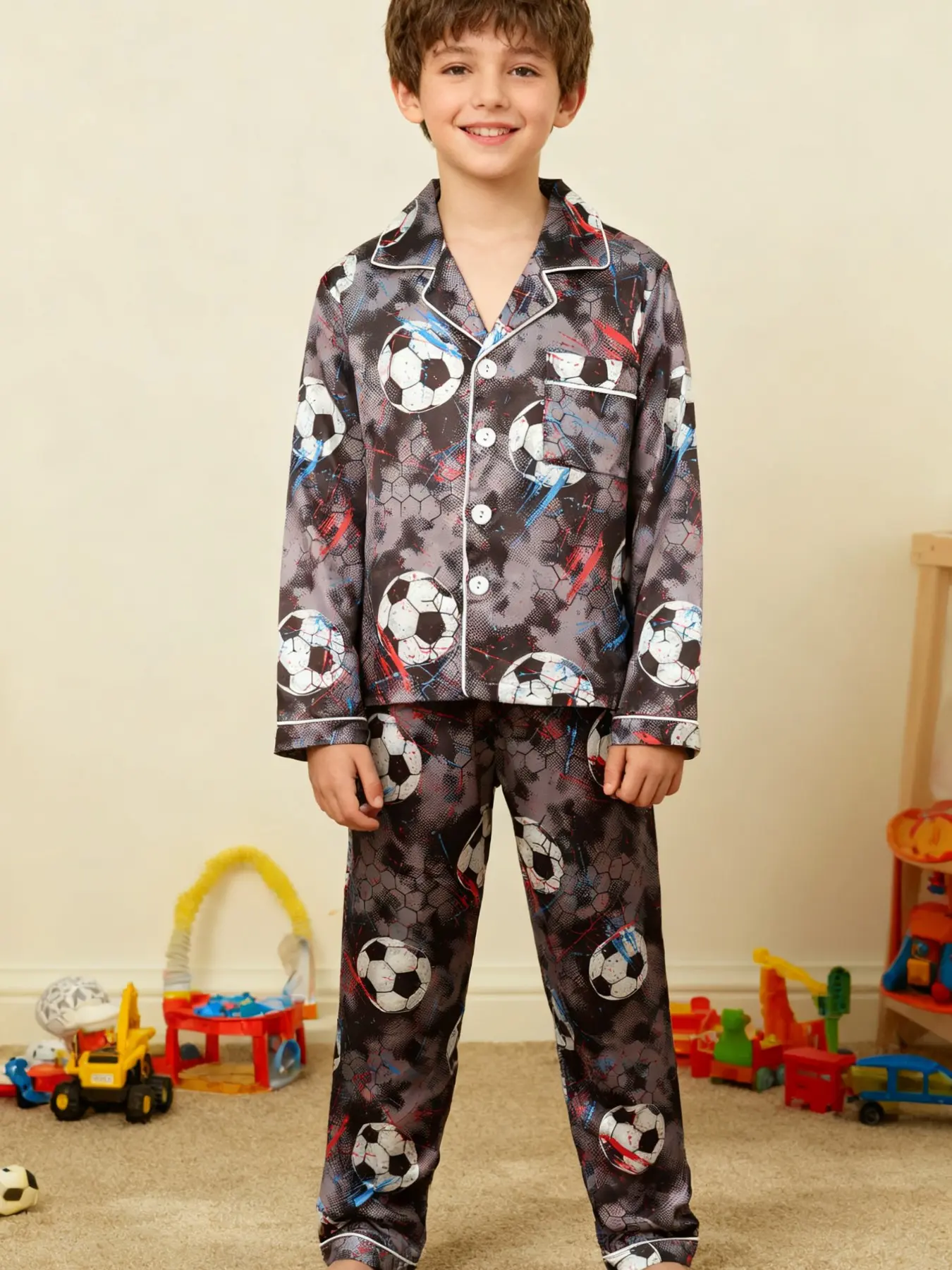 Boy's 2-Piece Set: Trendy Street Style Tie-Dye Football Graffiti Print Long Sleeve Pajama Set, Cool Sporty Look, Perfect for Home Wear