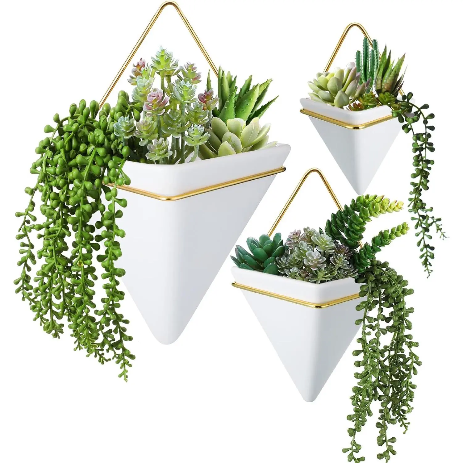 3 Sets Ceramic Wall  Planters Indoor 3 Size Geometric  Planters for Indoor  Self Watering Pots with Metal Holder for Air, Cactus, Faux  and  Office Decor