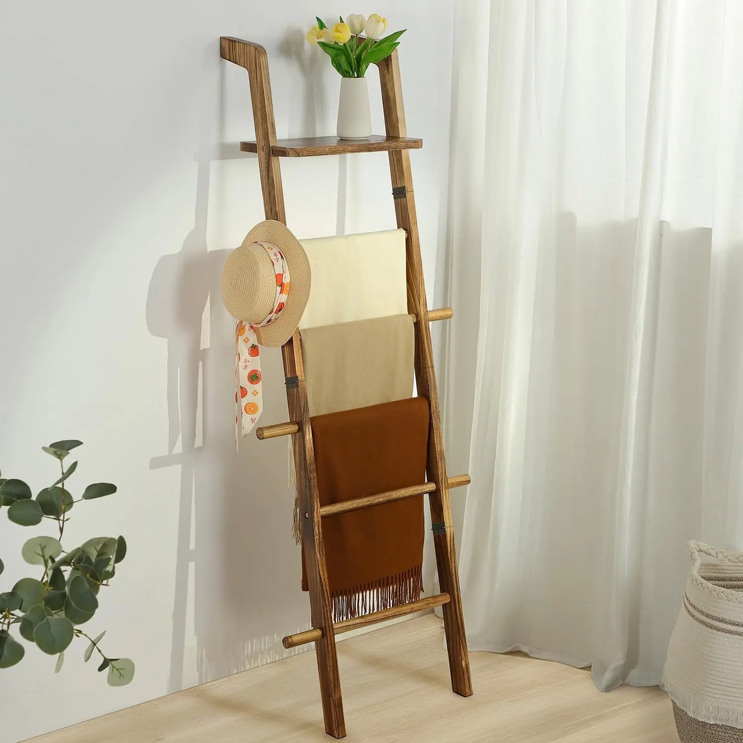 67-Inch 5-Tier Wooden Blanket Ladder with Shelf, Farmhouse Leaning Wall Display Holder for Blankets Throws, Towels and Quilt Rack Decor for Living Room