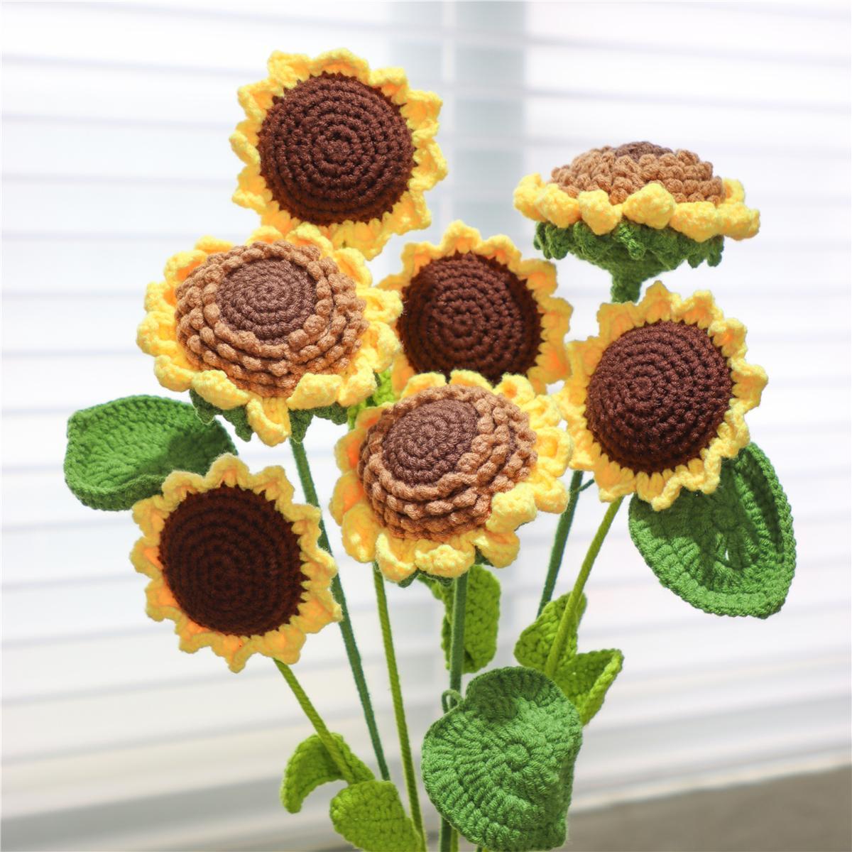 Sunflower Design Crochet Flower for Room Decor, 7 Counts/set Bedroom Decor Artificial Flower without Vase, Handmade Crochet Flower, Girlfriend Gifts, Boyfriend Gift, Valentine's Day Gift Ideas, Bouquet, Decorative Flowers, Woven Crochet Bouquet
