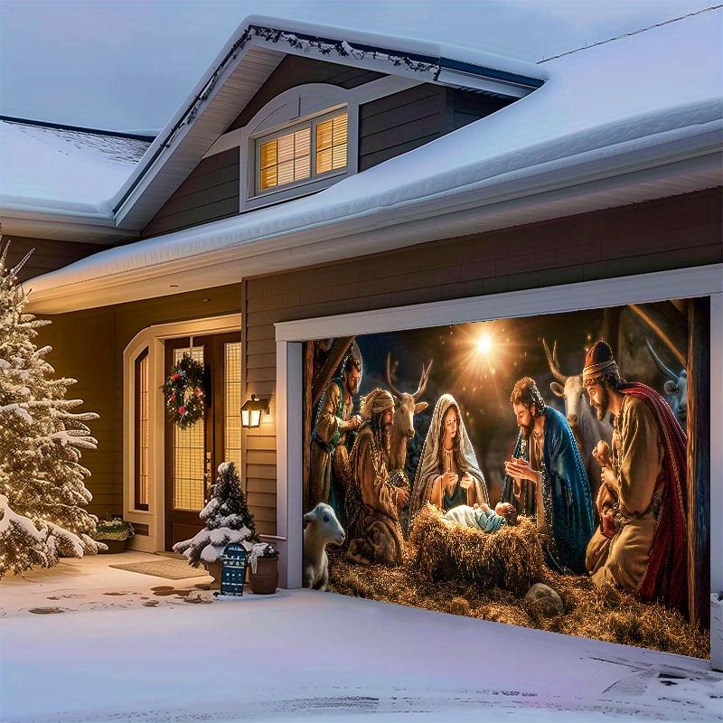1 religious character nativity scene garage door banner Large polyester tapestry with Mary and Joseph outdoor holiday decoration, perfect for holiday and party atmosphere poinsettia artificial