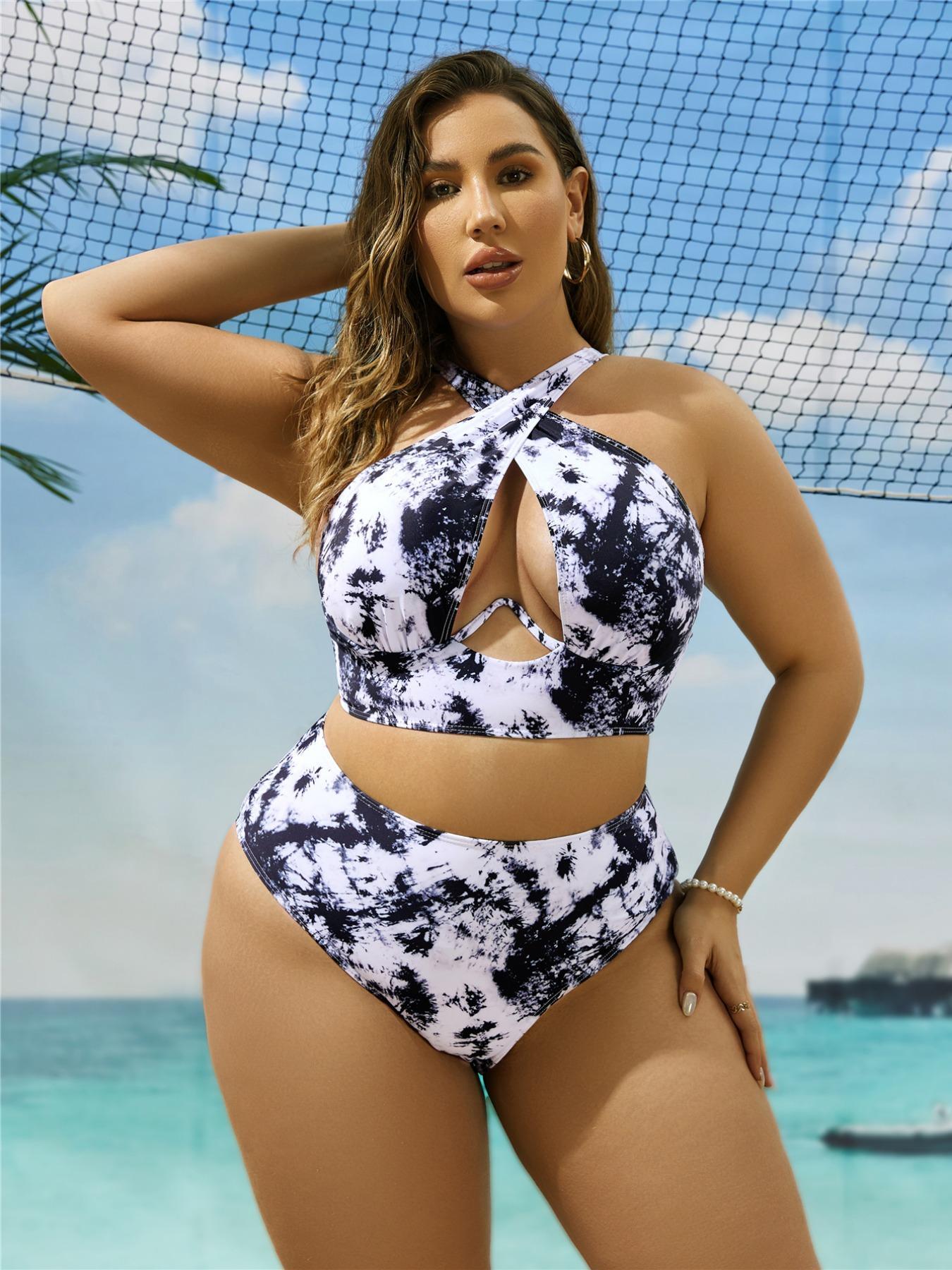 Plus Size Tie Dye Print Halter Neck Criss Cross Backless Underwire Push Up Swim Bra & High Waist Swim Panty Set, Casual Fashion Cut Out Sleeveless Swim Top & Swim Bottom Swimwear Set, Bikini Sets, Halter Bikinis Set, Halter Bikini Swimsuit