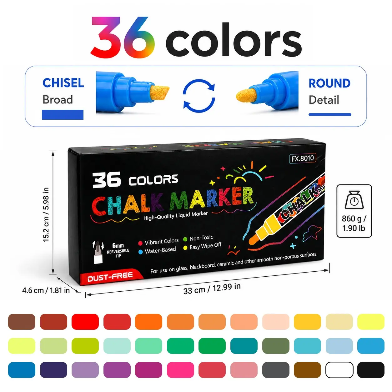 8-48 Color Liquid Chalk Pen, Dust-Free Erasable Water-Soluble Chalk, Fluorescent Marker, Liquid Chalk Markers for Whiteboard, Blackboard, Glass, Car Windows