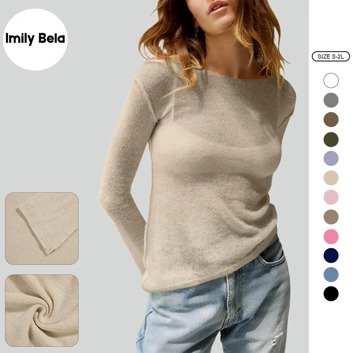 Imily Bela Womens Spring Summer Trendy Boat Neck See Through Shirts Long Sleeve Lightweight Knit Pullover Sweaters Casual Sheer Tops