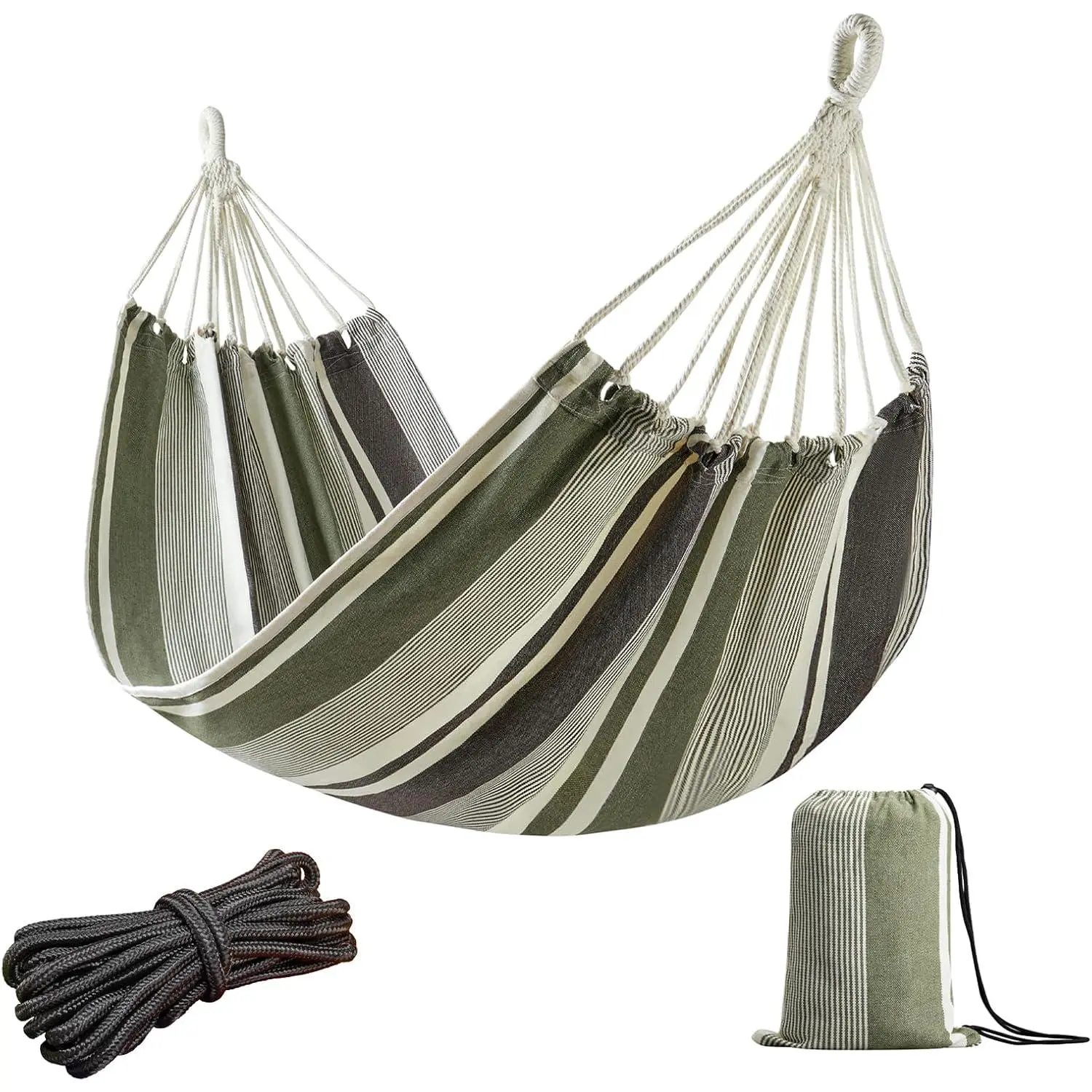 Brazilian Hammock for Single Person Portable Hammock with Hanging Ropes & Carry Bag Large 78.8x39.4” for Patio 300LBS Capacity Perfect for Outdoor/Indoor - Green Grey Stripes