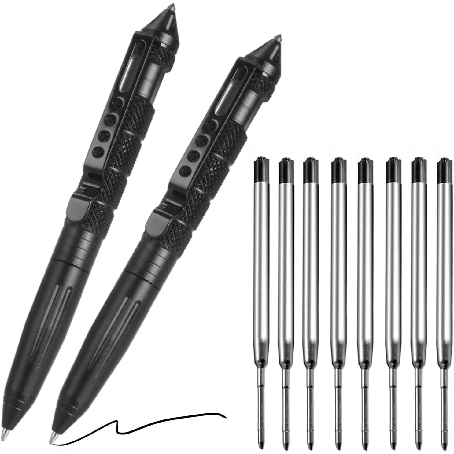 Compact Functional Tungsten Steel Military Look Tactical Pen 2-Pack, Self-Defense Emergency Tool with 8 Black Ballpoint Refills, Professional Glass Breaker, Father’s Day Sports & Outdoor Accessory (Includes Refills)