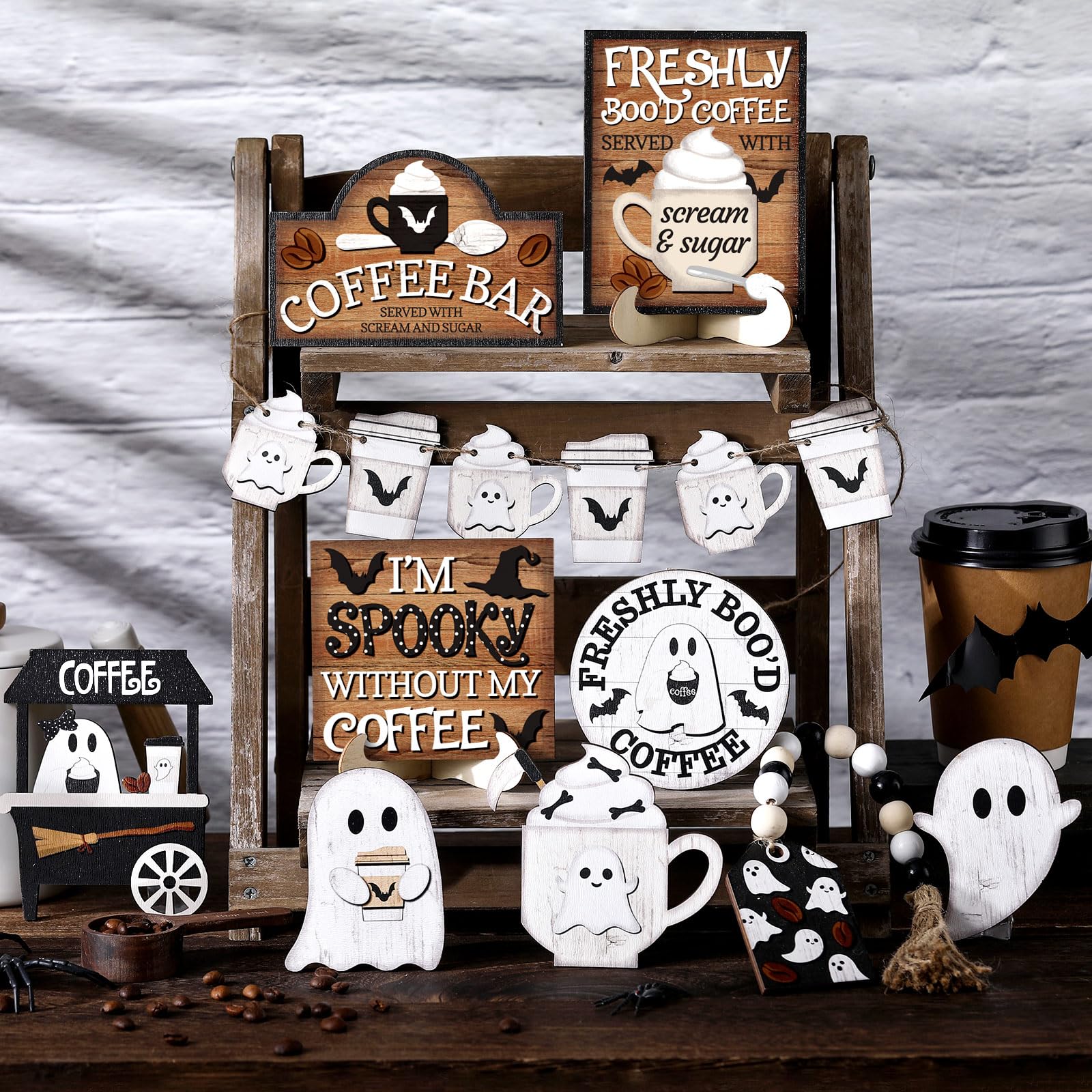 Halloween Layered Tray Decor Set, Wooden Ghost Signs & Beaded Garland, Farmhouse Rustic Home Table Party Supplies, Home Decor Gift