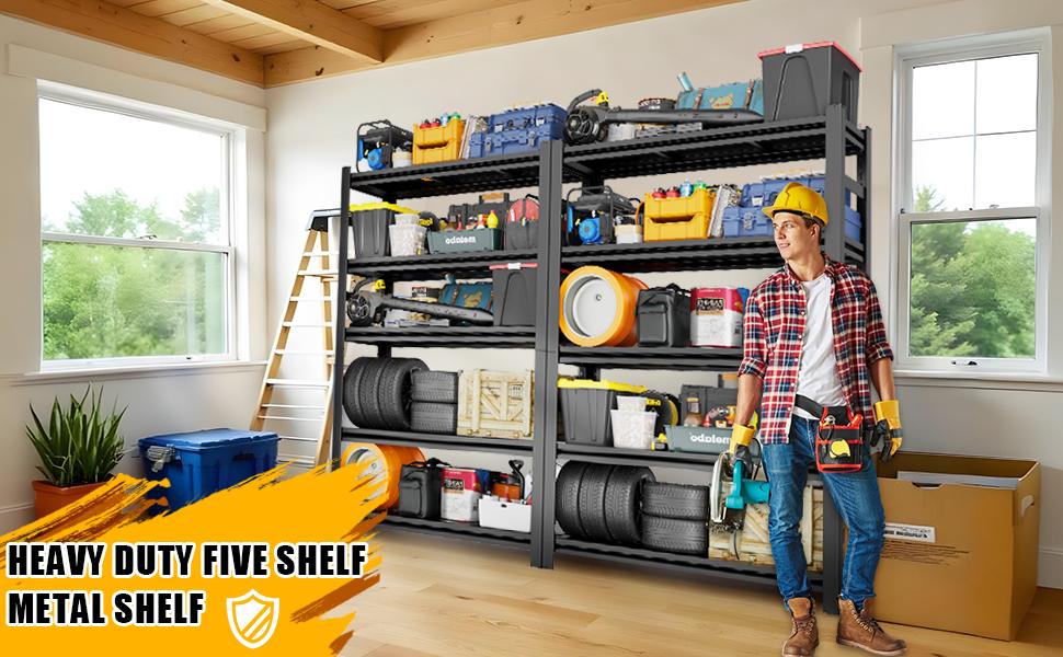 Heavy-Duty Adjustable and Demountable Metal Shelving Units - Boltless Assembly Garage Storage Racks with Fencing, Suitable for Warehouses, Basements, and Workshops - Shelving System, Easy to Use, Practical Shelving