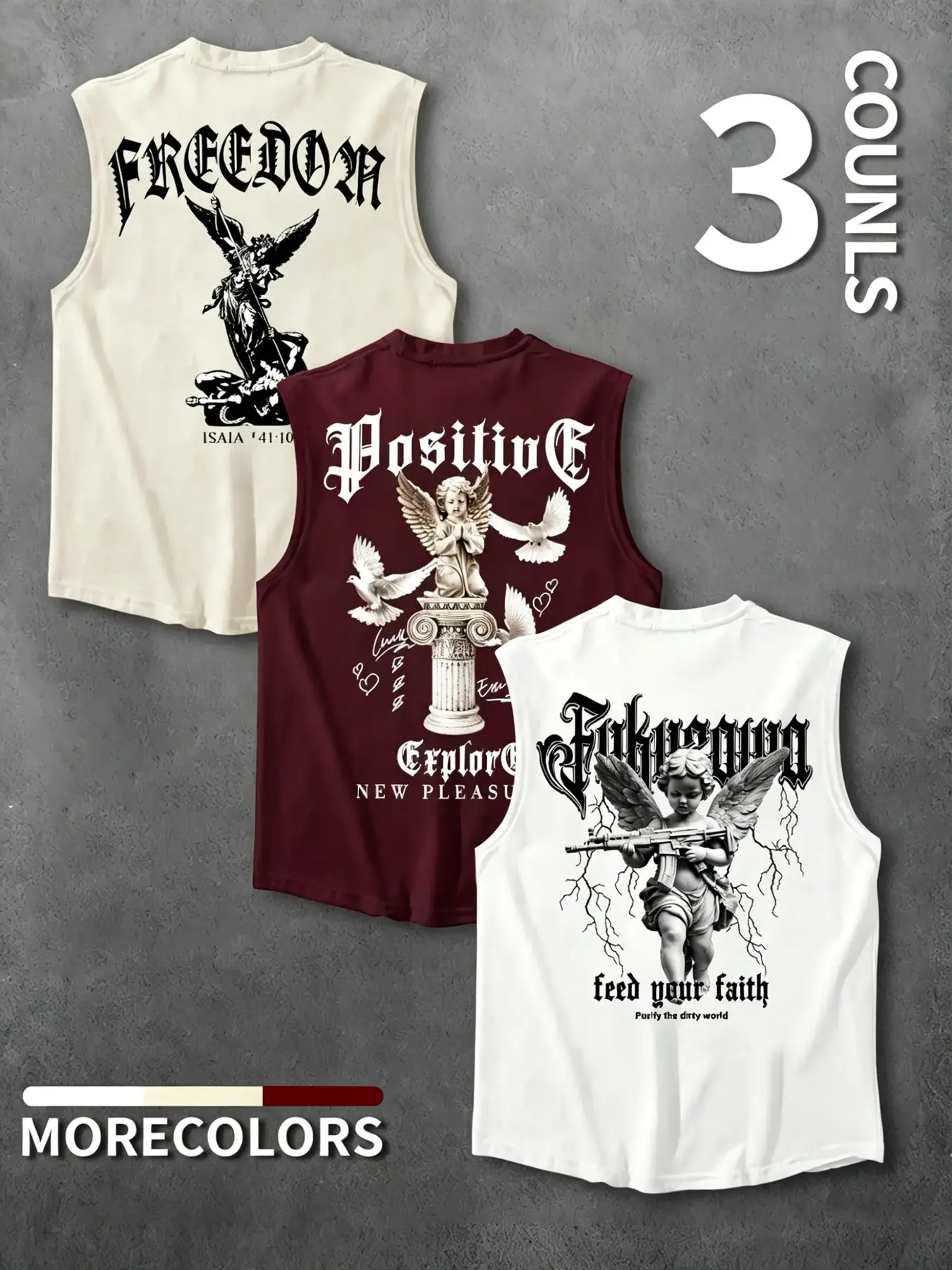 3-Pack Men's Multicolor American Vintage Sleeveless Vests, Trendy Angel Print Cutoff Tops for Summer, Loose Casual Athletic Workout Shirts