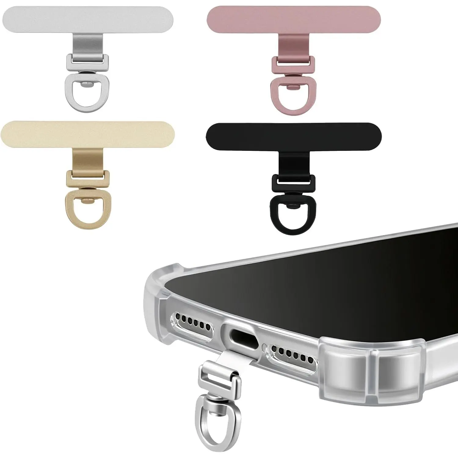 (4-Pack) 360° Rotating Stainless Steel Phone Tether Tab,  for Phones, Fit Wristbands, Necklaces & Crossbody Straps (Combination-A)