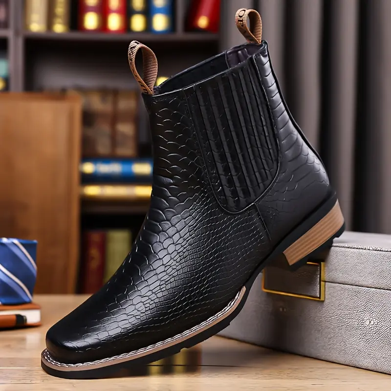 Crocodile Pattern Square Toe Slip-on Chelsea Ankle Boots, British Retro Leather Boots, Versatile for Various Occasions,Suitable for office, banquet and other occasions