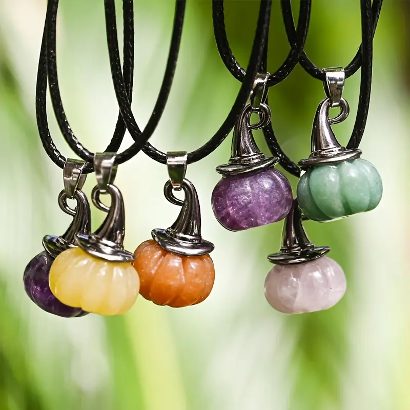 Unisex Casual Costume Jewelry 5Pcs Necklaces with 5Pcs Pumpkin-Witch Hat Crystal Pendants - Purple/Orange/Yellow Faux Gemstones, Halloween Decor, Friend Gift Accessory, 5 Pendants, 5Pcs Pendants + 5Pcs Necklaces