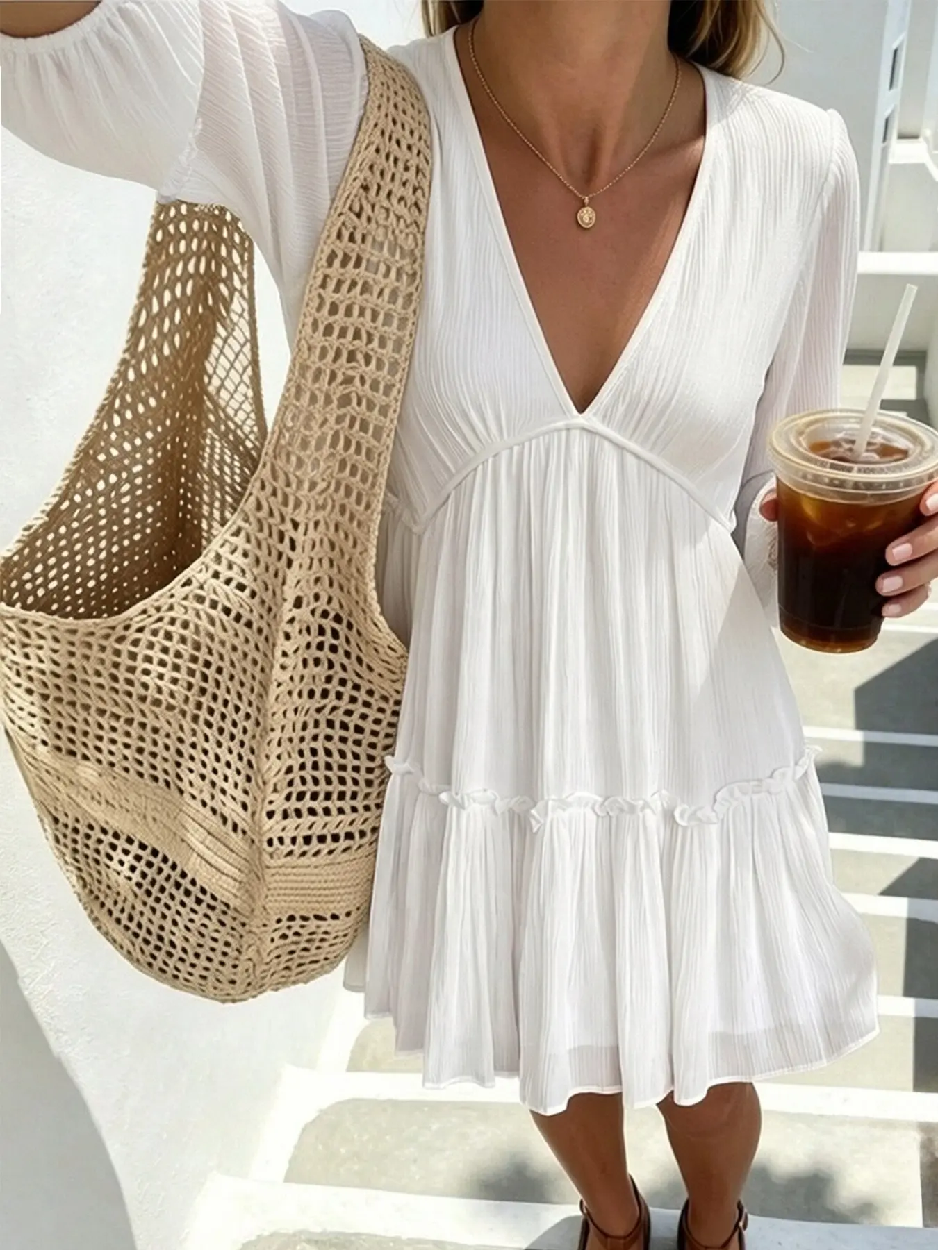Women's Crinkle Textured V-Neck Ruffle Hem Mini Dress, Casual, Boho Bohemian Coastal Streetwear Aesthetic, Lightweight Flowy Breathable Fabric, Long Sleeve Tiered Skirt & Empire Waist Design, Loose Swing Silhouette, Perfect for Beach Trips, Brunch Dat