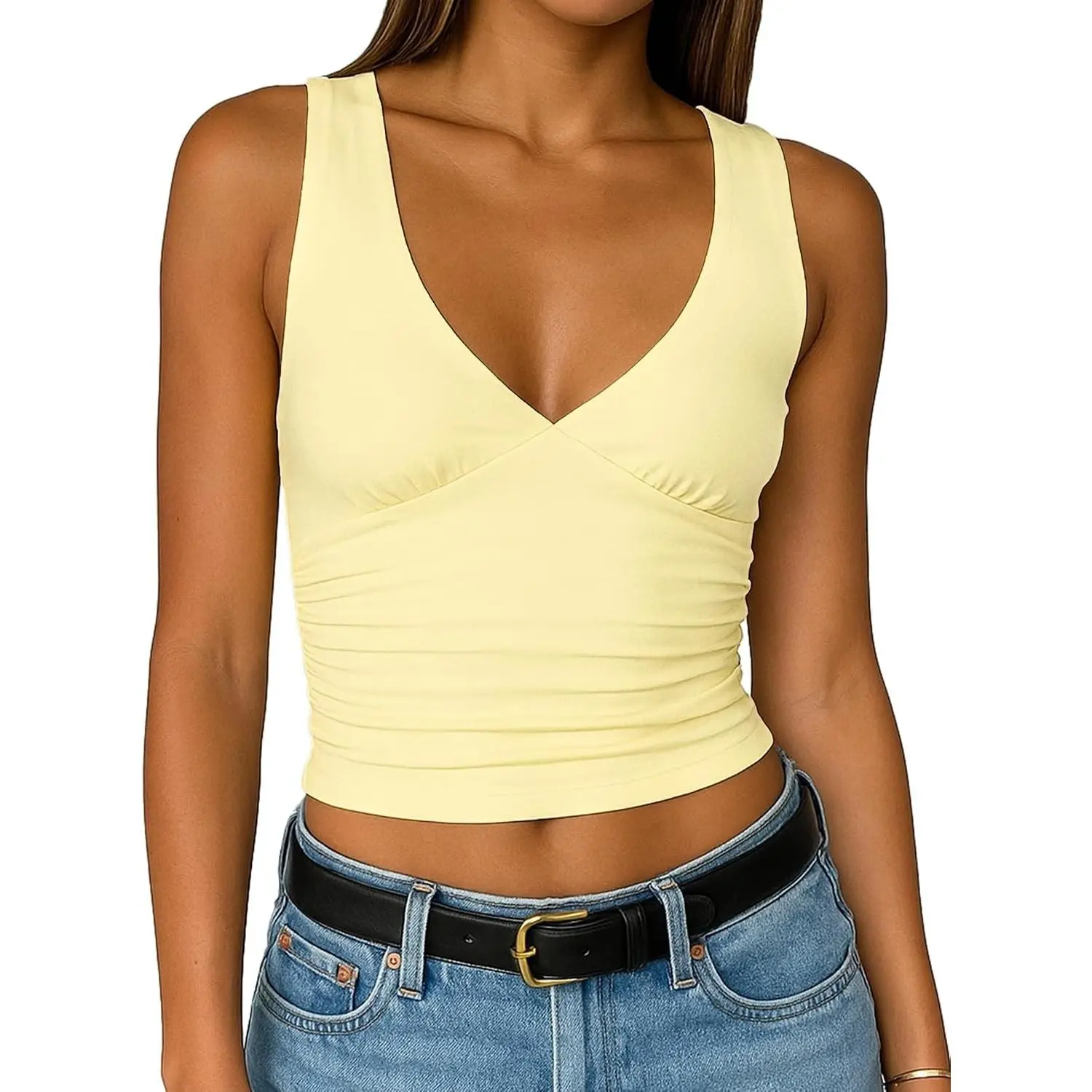 Womens Deep V Neck Crop Tank Tops Going Out Double Lined Sexy Crop Top Sleeveless Slim Fit Y2k Summer Tops