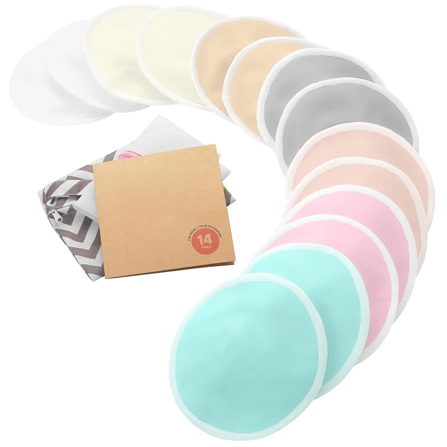 Organic Bamboo Viscose Reusable Nursing Pads - 14pk L 4.8" Pastel Touch, Soft, Absorbent Nipple Covers with Wash Bag for Breastfeeding (Baby & Maternity Accessories)