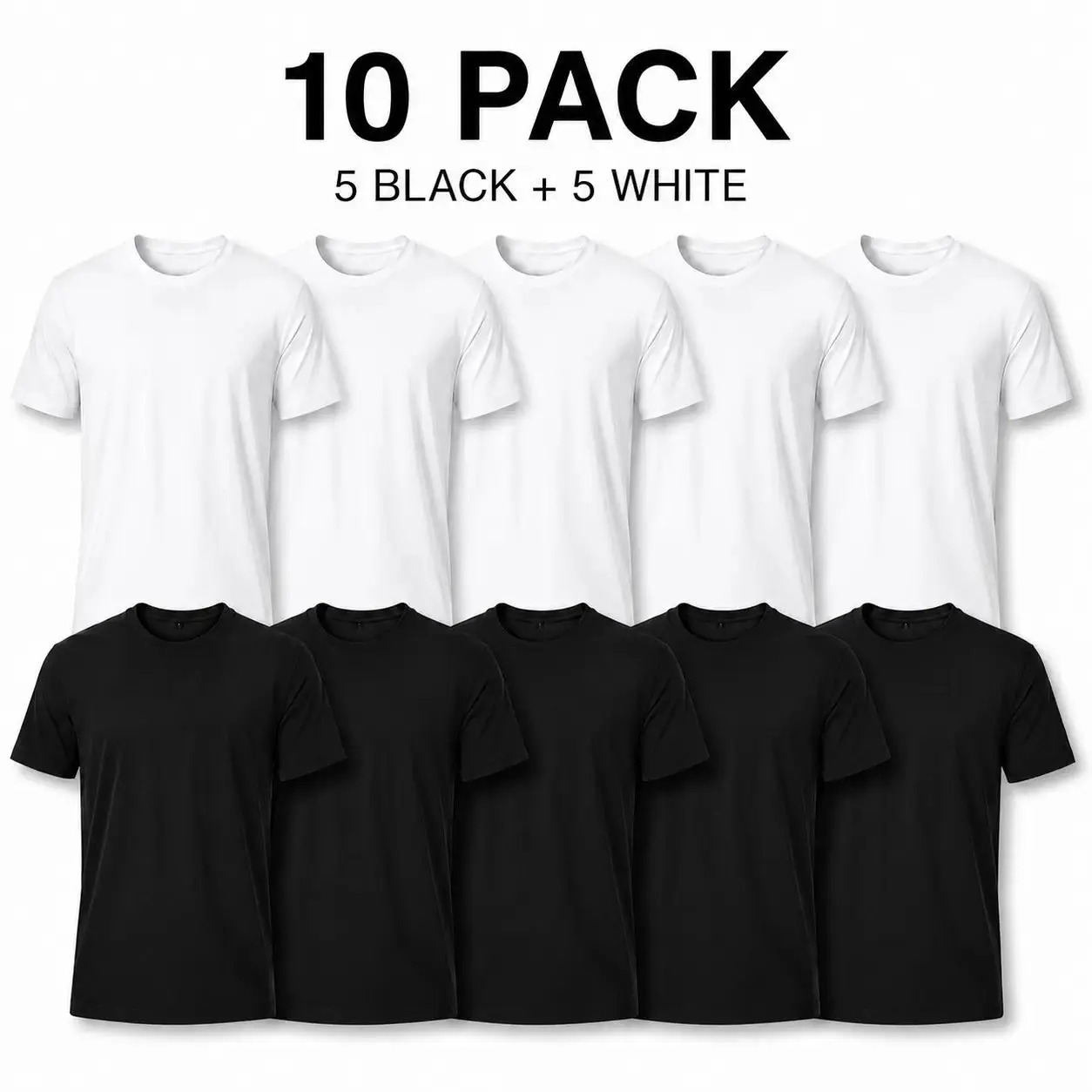 Men's 10-Pack Pure Cotton T-Shirts - Premium 4.5 oz Lightweight Plain Crew Neck Short Sleeve, Regular Fit Minimalist Basics, Unisex Apparel, 5 Black+5 White, Machine Washable, DTF Printing Wholesale White Tee