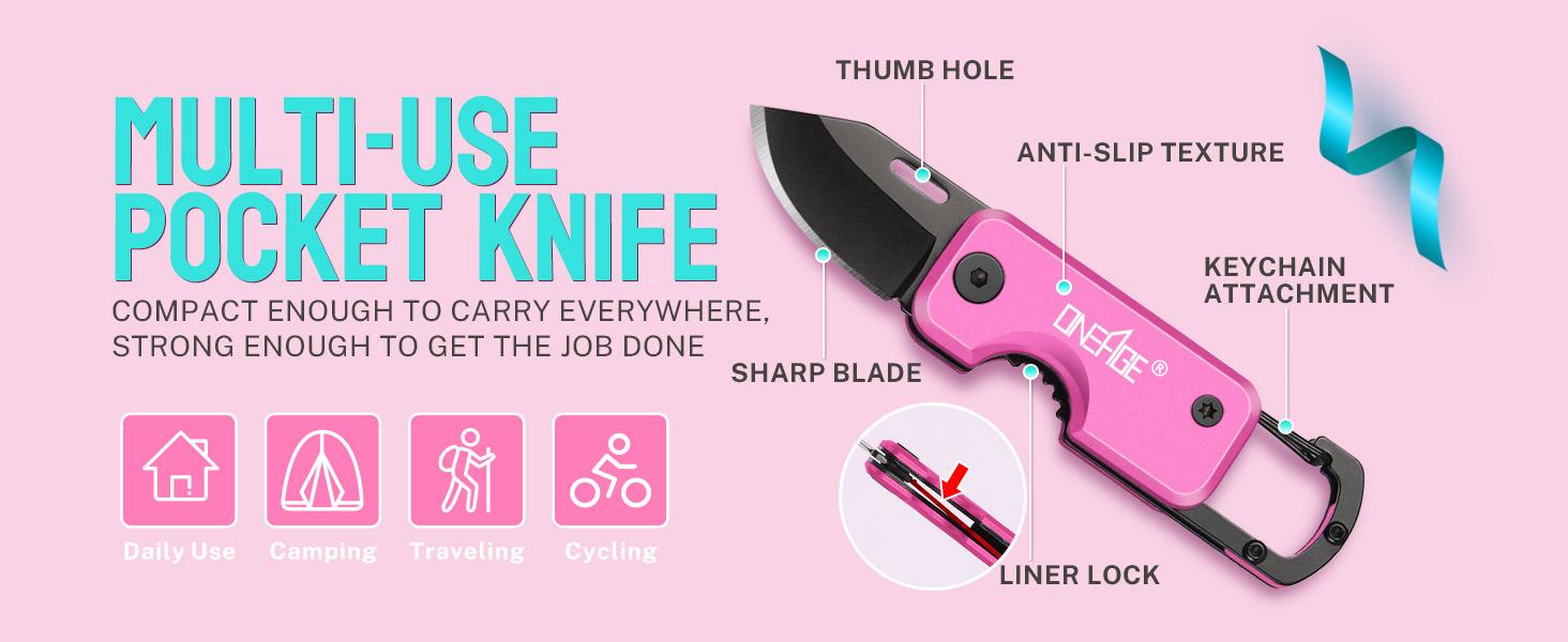 Pink Pocket Knife for Women - Stocking Stuffers for Christmas, Mothers Day Gifts, Keychain Edc with 1.62inch Blade - Small Folding Knives for Everyday Carry, Box Cutter - Gadgets for Camping Hiking