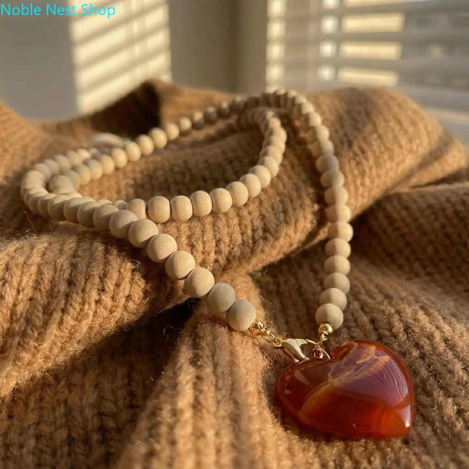 Women's Boho Wood Bead Layered Sweater Chain with Amber Heart Pendant, Vintage Ethnic Long Necklace, Versatile Jewelry for Daily Casual Wear & Ladies Gift Giving