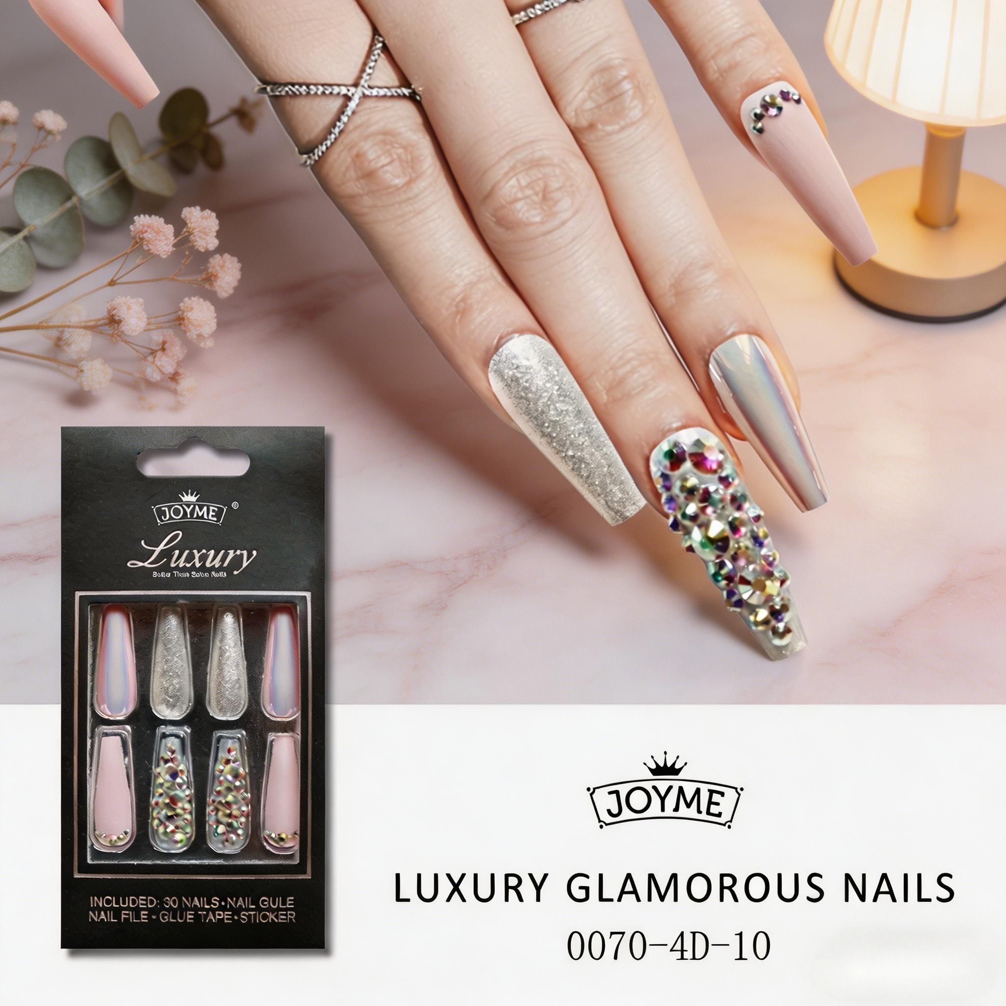 30Pcs Luxury 3D Embossed Long Coffin Press On Nails, Large Rhinestone Inlay Reusable False Nails with Glue & Full Tool Kit for Women