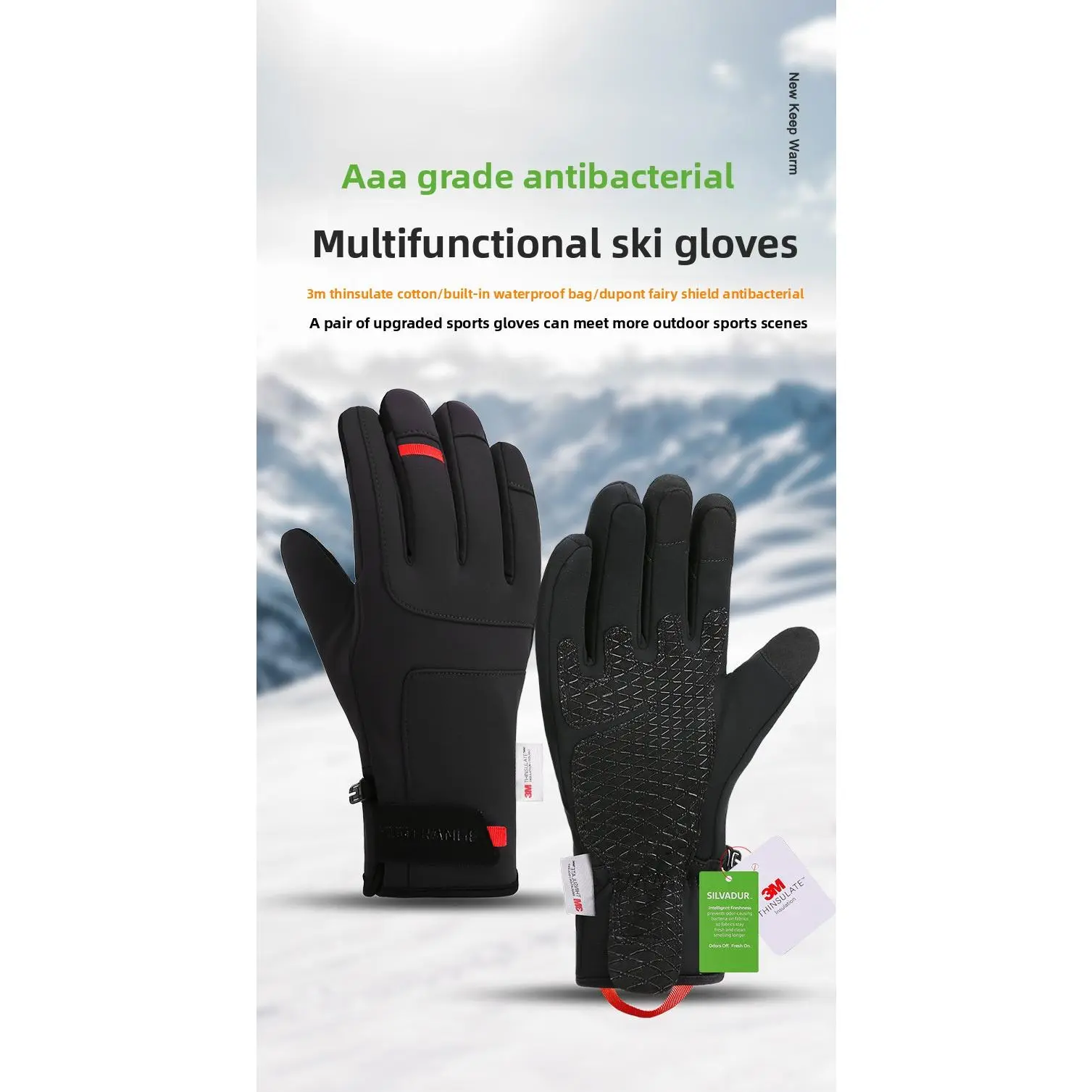Winter ski gloves, men's and women's outdoor cycling sports waterproof and antibacterial 3M touch screen thermal gloves