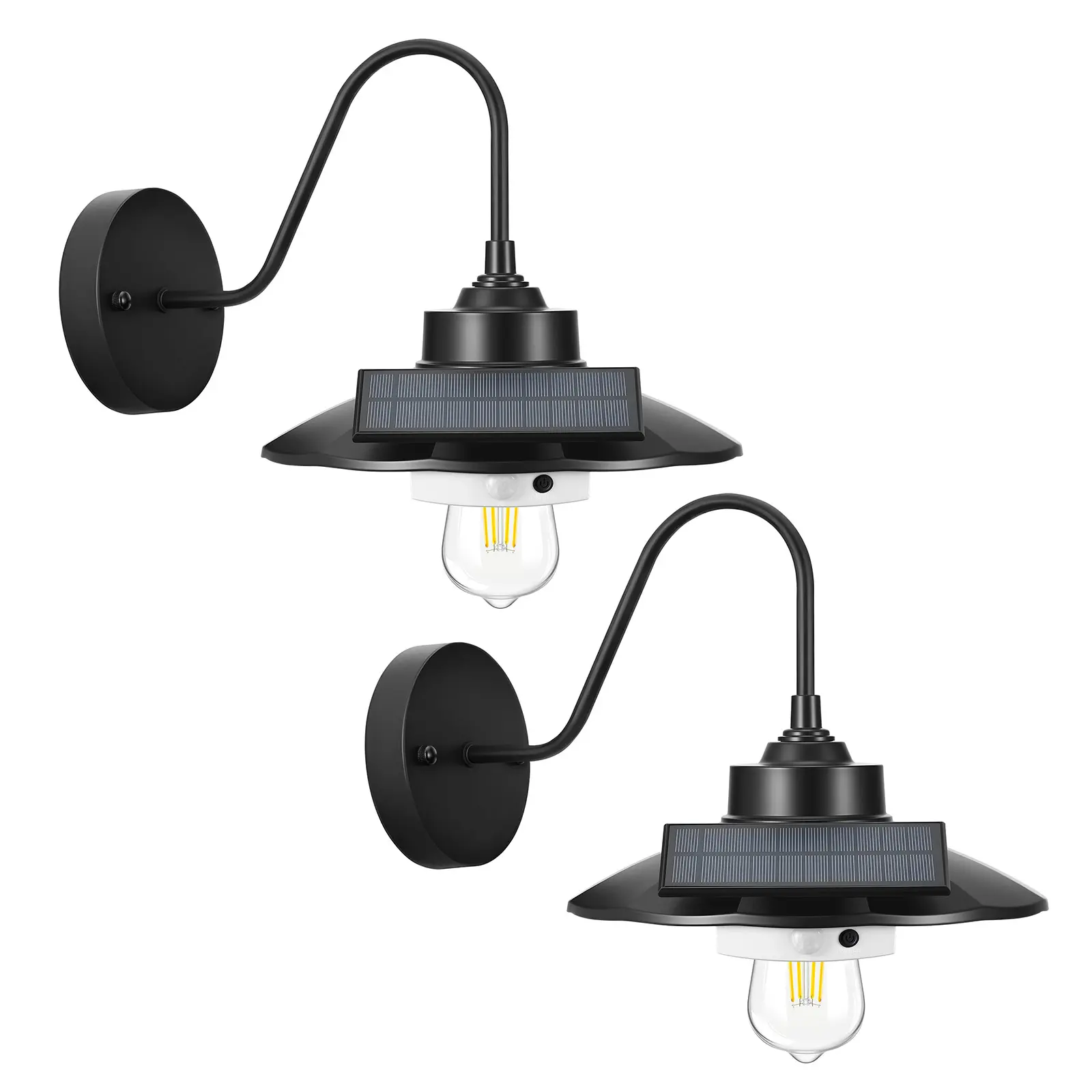 Solar Outdoor Barn Light, 3 Lighting Modes and Motion Sensor, 2-Pack Gooseneck Light Fixture, Farmhouse Wall Sconce, with E27 Bulb Compatible, Waterproof for Porch, House, Entryway, Garage, Black