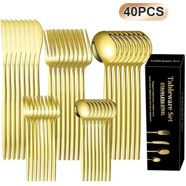 8-Service 40-Piece Gold Stainless Steel Mirror Cutlery Set with Knives, Kitchen Accessories, Essentials, Supplies Dinnerware Set