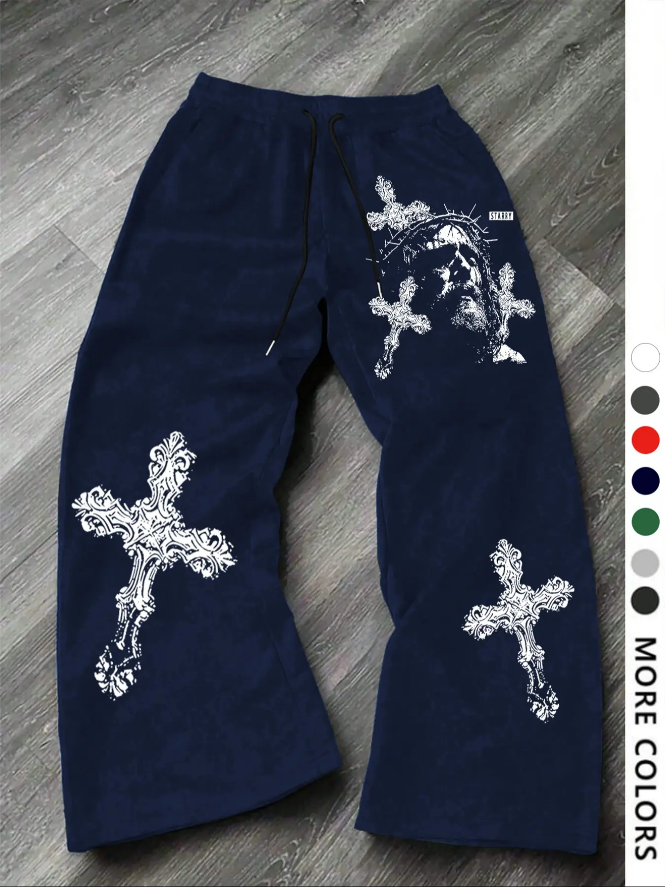Men's Casual Sporty Long Pants, Thorns Pattern Print, Drawstring Wide Leg Loose Fit, All Season Wearable Men's Clothing