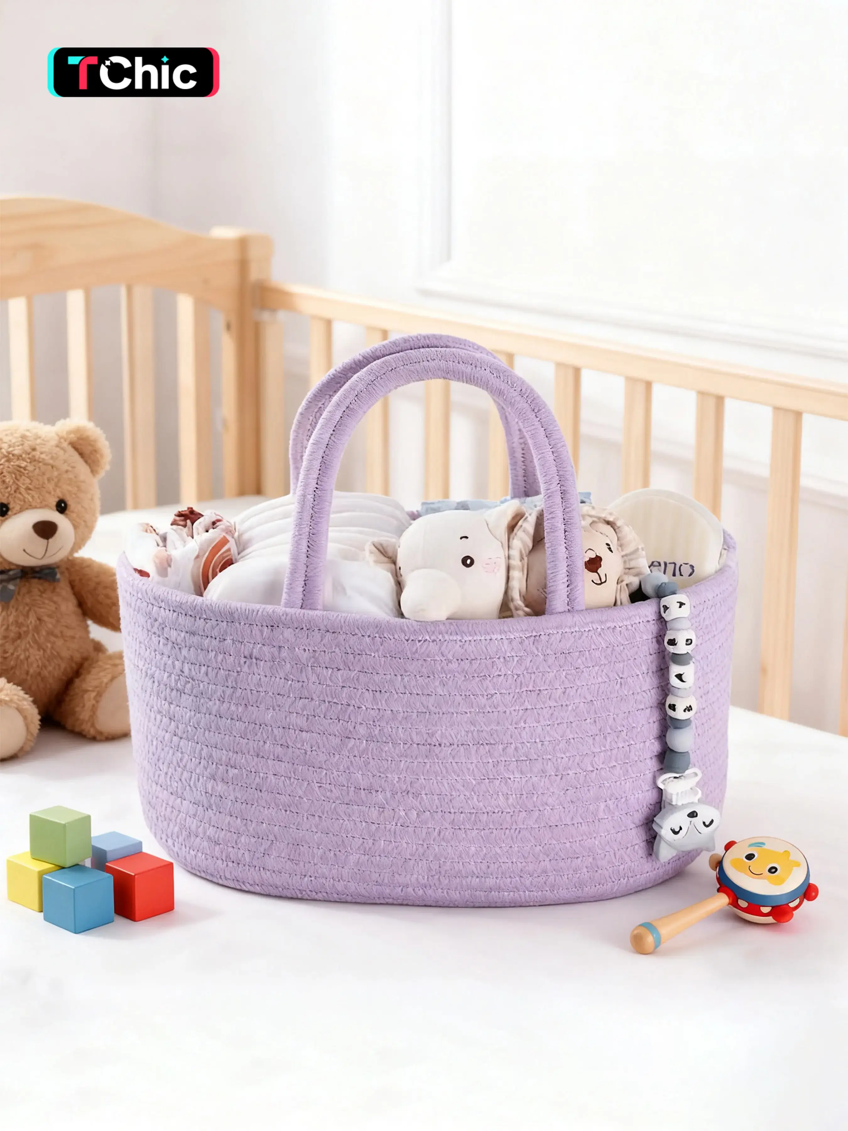 Baby Diaper Caddy Organizer Cotton Rope Nursery Storage Bin Basket Portable Holder Tote Bag for Changing Table Car Travel Baby Shower Gifts Newborn Essentials Registry Must Have Purple or Lavender