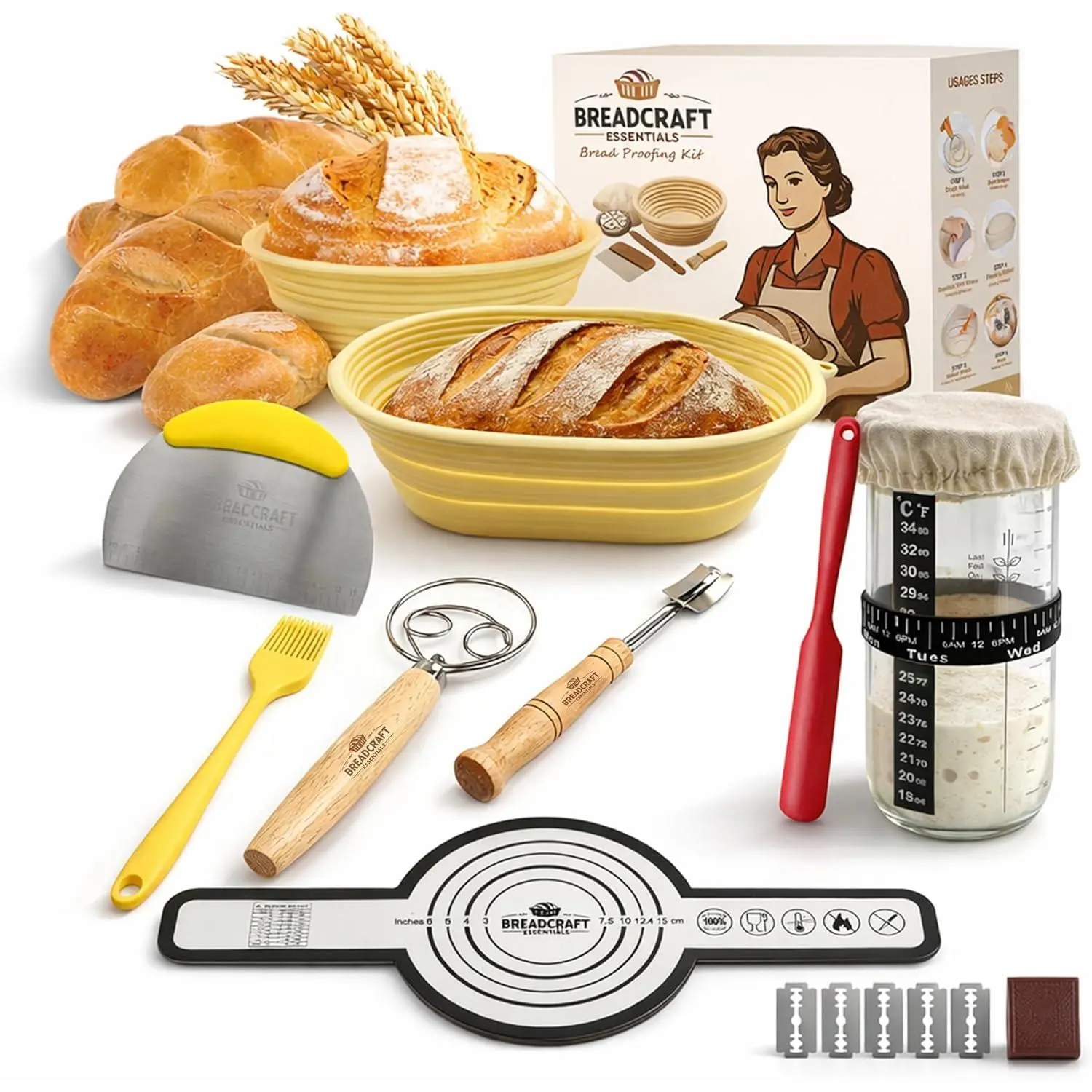 Silicone Sourdough Proofing Basket Bread Making Set - 7-Piece Multi-Size Complete Kit with 9" Round, 10" Oval Non-Stick Bannetons, Bread Lame, Danish Dough Whisk, Bench Scraper, Silicone Mat