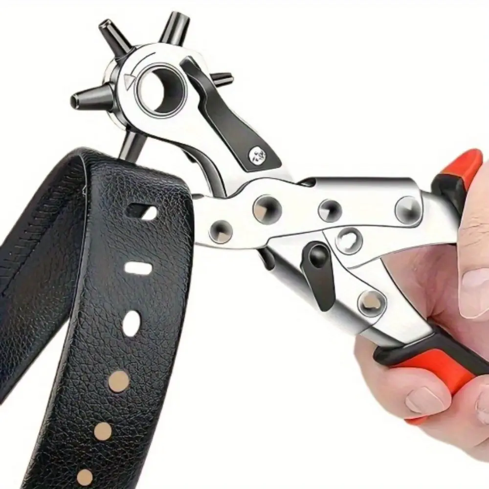 Heavy‑Duty Rotary Leather Hole Punch Plier with Ergonomic Handle & Multi‑Size Punch Sets, Manual Lever Tool for Round/Rectangle/Square/Star/Heart/Clover Holes for Belts, Watch Bands, Leather Crafts, DIY Sewing Projects, Battery‑Free Durable Construction
