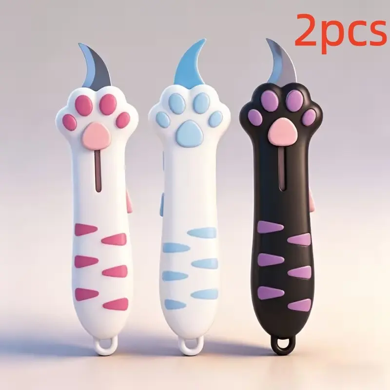 2-Piece Multi-Functional Pocket Knife Set, Cute Cat Paw Retractable Blade, Non-Slip Handle, Portable Unboxing Tool, Ideal for Students and Office Workers