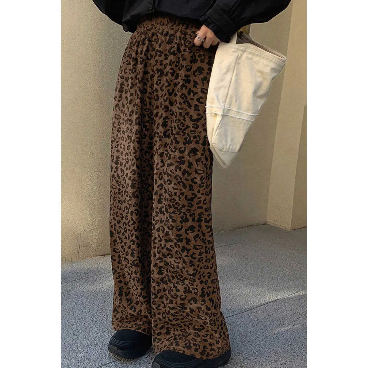 Dark Brown Leopard Print Elastic High Waist Loose Corduroy Pants