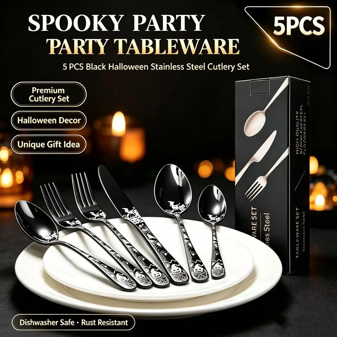 Halloween Ghost Witch Print Stainless Steel Cutlery Set, 5/20/30/40 Pieces, Dark Theme Western Fork Knife Spoon Set, Elegant Dining Essentials