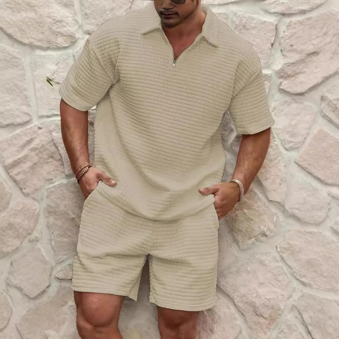 Summer Men's Set New Fashionable Style Simple Waffle Color Solid Color Collar Polo Shirt Short Sleeve Shorts Sports Set