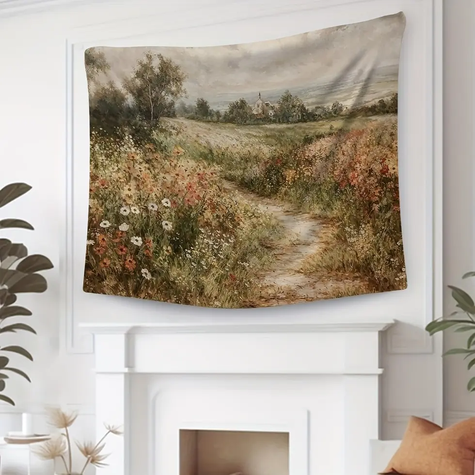 Wildflower Field Tapestry, Vintage Country Landscape Tapestry, Flower Meadow Farmhouse Wall Tapestries Aesthetic Wall Hanging for Living Room Bedroom Dorm Decor